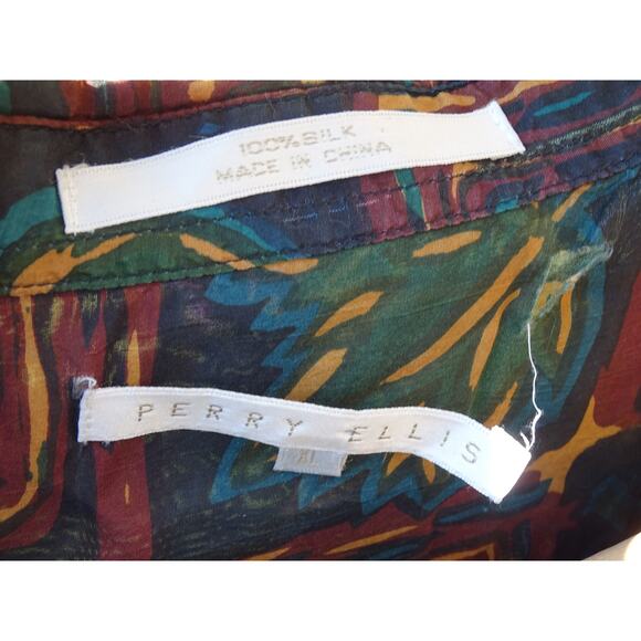 Vtg Perry Ellis 100% Silk Art Design Shirt XL Retro 90s Abstract Long Sleeve - Picture 4 of 6
